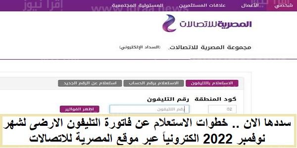 سددها الان .. خطوات الاستعلام عن فاتورة التليفون الارضى لشهر نوفمبر 2022 الكترونياً عبر موقع المصرية للاتصالات